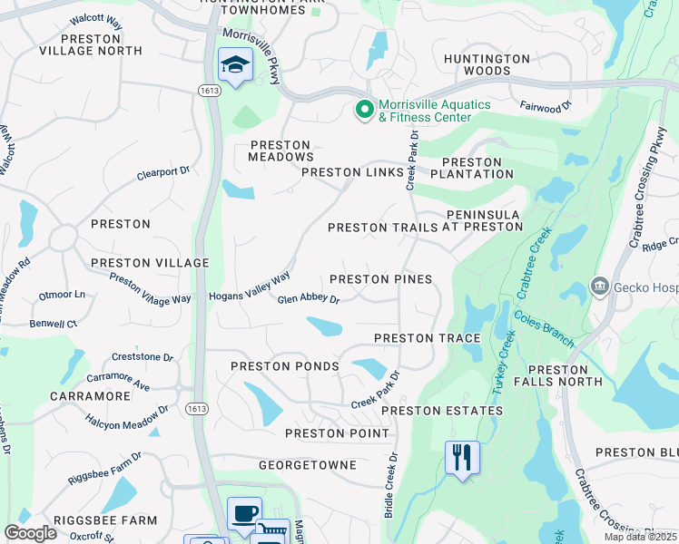 map of restaurants, bars, coffee shops, grocery stores, and more near 209 Preston Pines Drive in Cary