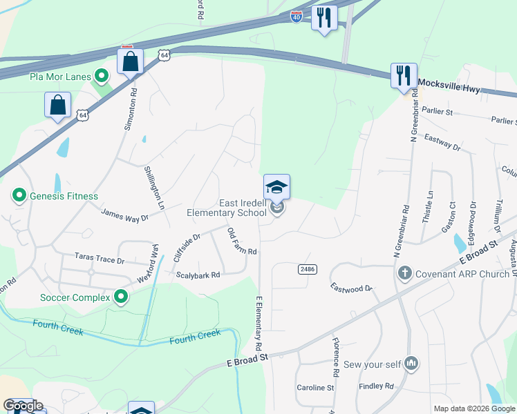 map of restaurants, bars, coffee shops, grocery stores, and more near 400 East Elementary Road in Statesville