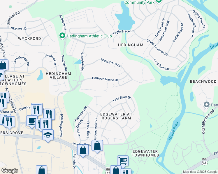 map of restaurants, bars, coffee shops, grocery stores, and more near 5001 Royal Dornoch Drive in Raleigh