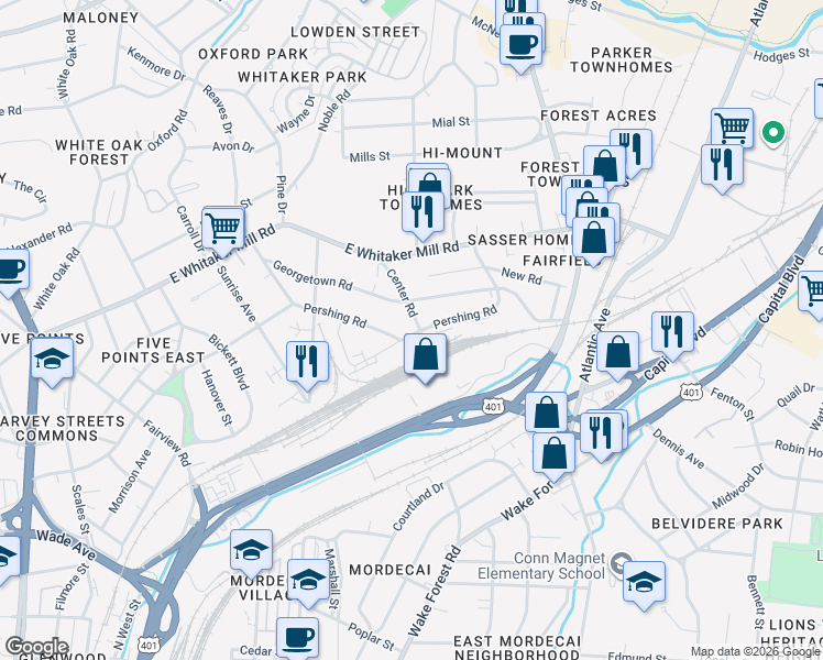 map of restaurants, bars, coffee shops, grocery stores, and more near 1613 Center Road in Raleigh