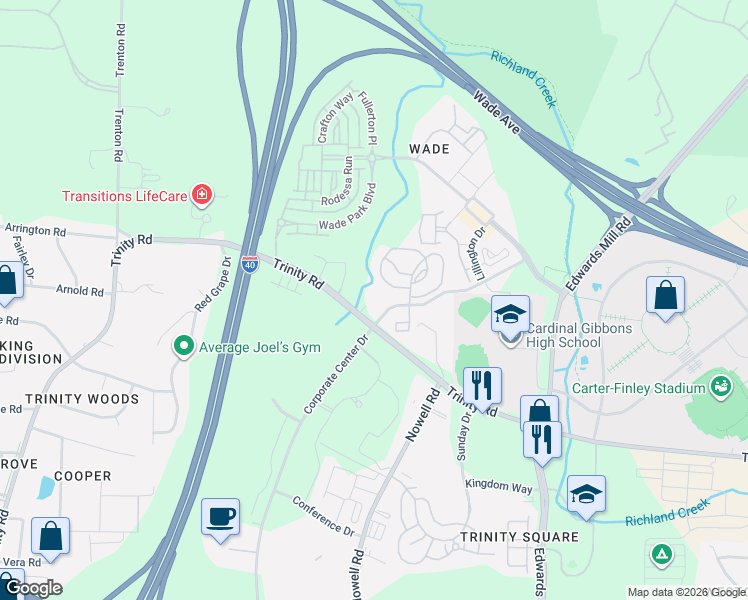 map of restaurants, bars, coffee shops, grocery stores, and more near 5628 Trinity Road in Raleigh