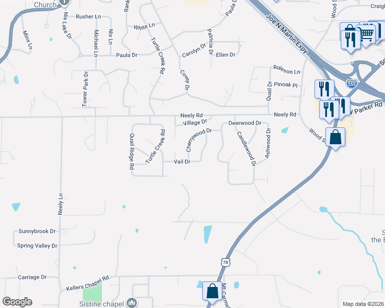 map of restaurants, bars, coffee shops, grocery stores, and more near 3201 Creekwood Drive in Jonesboro