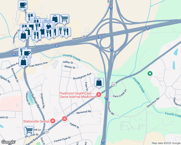 map of restaurants, bars, coffee shops, grocery stores, and more near 1613 Brookgreen Avenue in Statesville