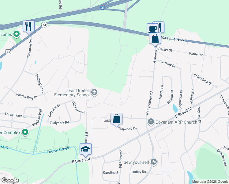 map of restaurants, bars, coffee shops, grocery stores, and more near 609 Haywood Lane in Statesville