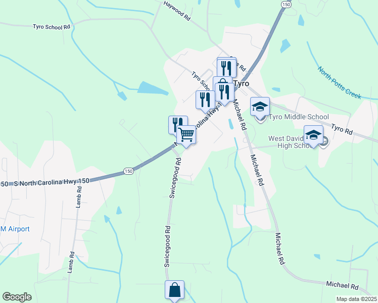 map of restaurants, bars, coffee shops, grocery stores, and more near 4705 North Carolina 150 in Lexington