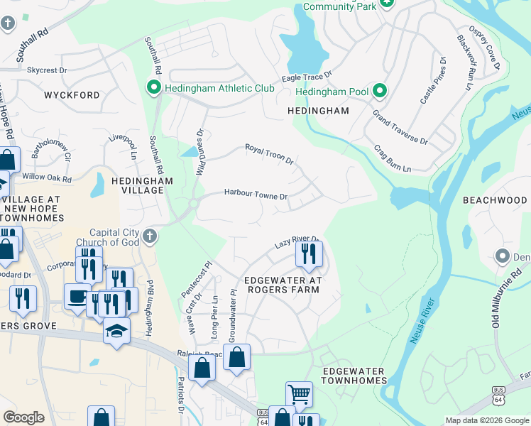 map of restaurants, bars, coffee shops, grocery stores, and more near 5001 Royal Dornoch Drive in Raleigh