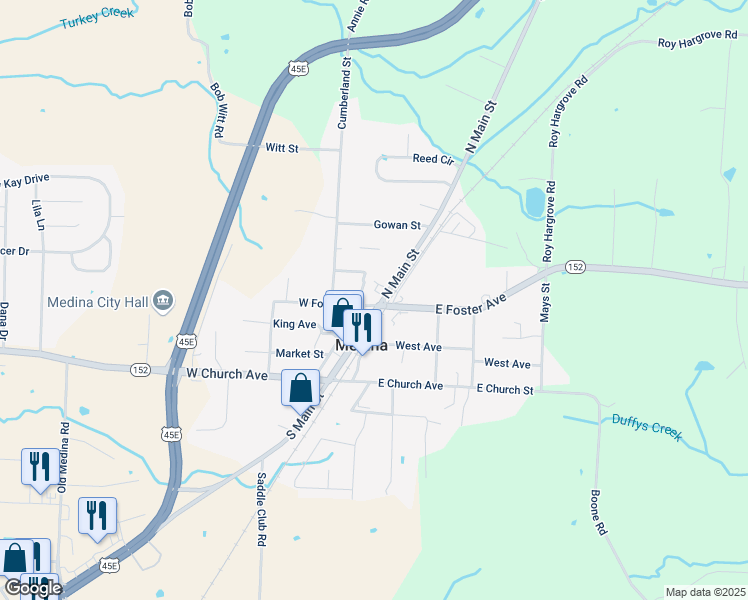 map of restaurants, bars, coffee shops, grocery stores, and more near 113 West Foster Avenue in Medina