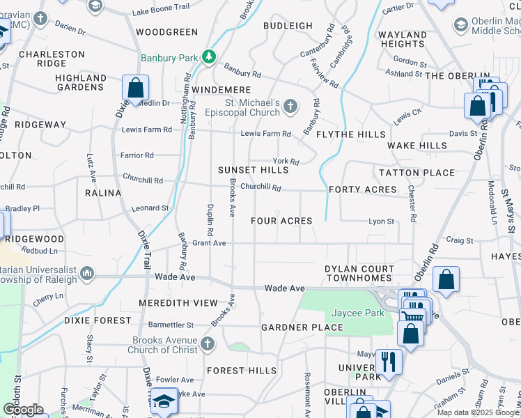 map of restaurants, bars, coffee shops, grocery stores, and more near 1336 Canterbury Road in Raleigh