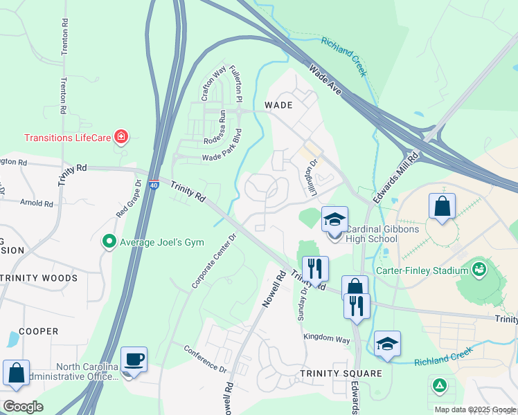 map of restaurants, bars, coffee shops, grocery stores, and more near 5301 Thicket Hill Lane in Raleigh