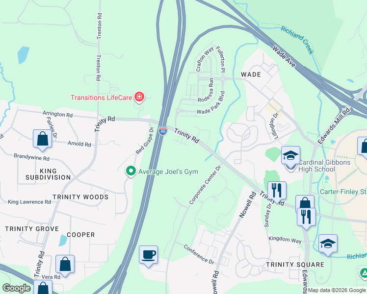 map of restaurants, bars, coffee shops, grocery stores, and more near 5739 Trinity Road in Raleigh