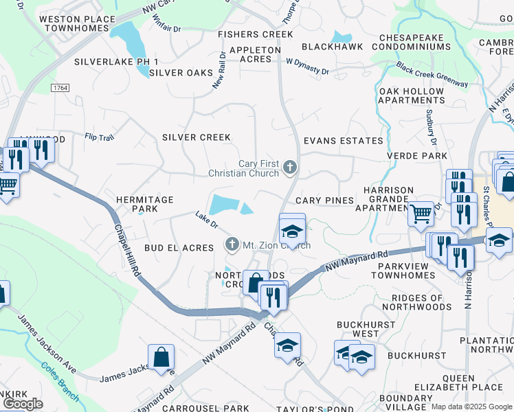 map of restaurants, bars, coffee shops, grocery stores, and more near 201 Wild Weasel Way in Cary