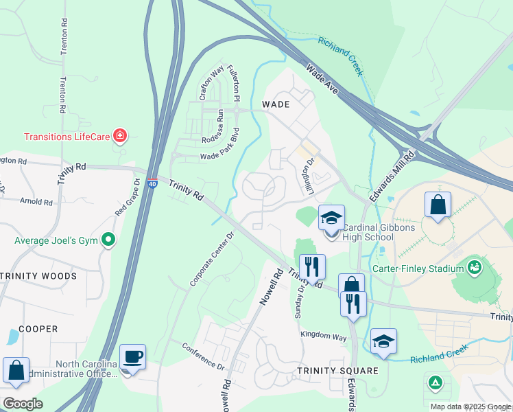 map of restaurants, bars, coffee shops, grocery stores, and more near 5301 Thicket Hill Lane in Raleigh