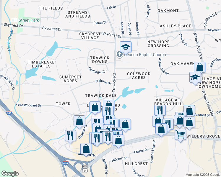 map of restaurants, bars, coffee shops, grocery stores, and more near 1913 Trawick Road in Raleigh
