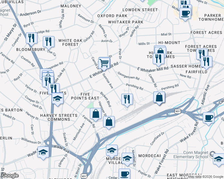 map of restaurants, bars, coffee shops, grocery stores, and more near 1608 Sunrise Avenue in Raleigh