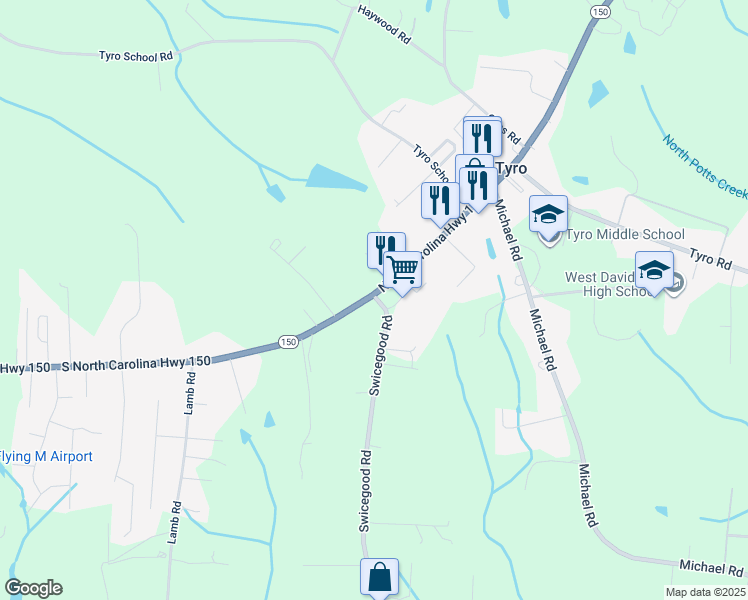 map of restaurants, bars, coffee shops, grocery stores, and more near 4705 North Carolina 150 in Lexington