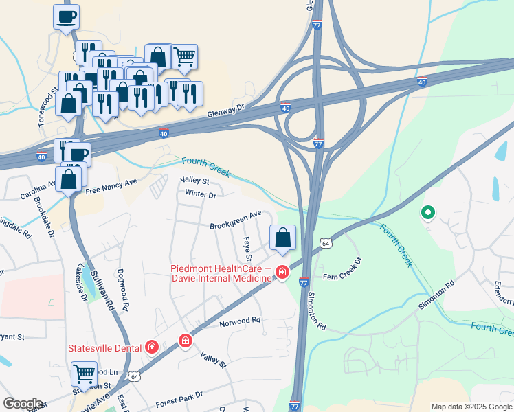 map of restaurants, bars, coffee shops, grocery stores, and more near 1613 Brookgreen Avenue in Statesville