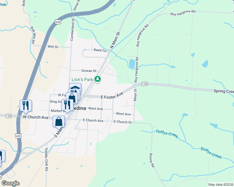 map of restaurants, bars, coffee shops, grocery stores, and more near 230 East Foster Avenue in Medina