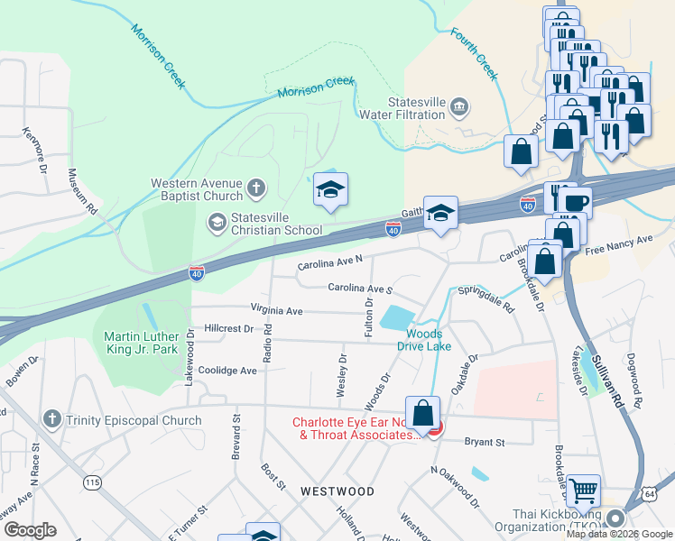 map of restaurants, bars, coffee shops, grocery stores, and more near 529 Carolina Avenue North in Statesville