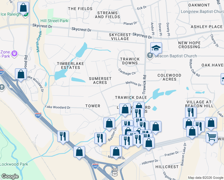 map of restaurants, bars, coffee shops, grocery stores, and more near 3601 Melrose Drive in Raleigh