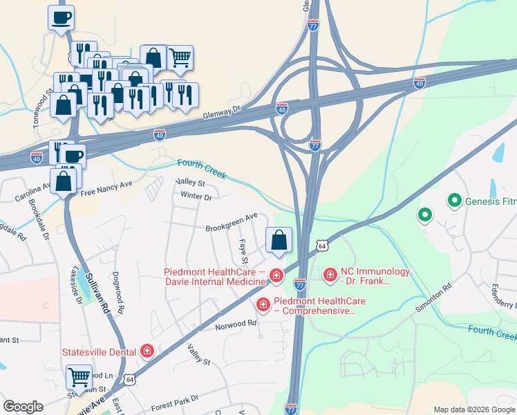 map of restaurants, bars, coffee shops, grocery stores, and more near 1613 Brookgreen Avenue in Statesville