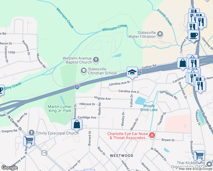 map of restaurants, bars, coffee shops, grocery stores, and more near 523 Carolina Avenue North in Statesville
