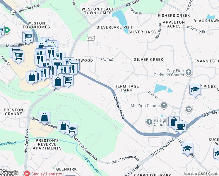 map of restaurants, bars, coffee shops, grocery stores, and more near Chapel Hill Road in Cary