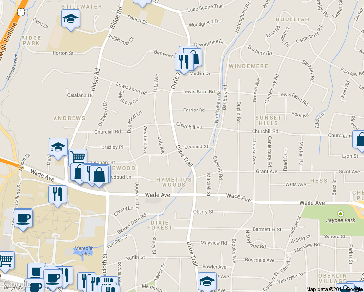 map of restaurants, bars, coffee shops, grocery stores, and more near 1300 Dixie Trail in Raleigh