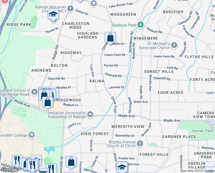 map of restaurants, bars, coffee shops, grocery stores, and more near 1300 Dixie Trail in Raleigh