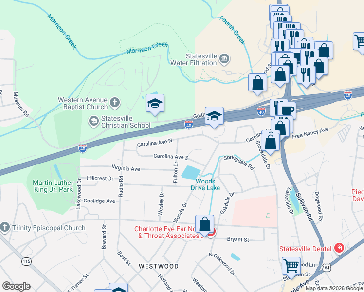 map of restaurants, bars, coffee shops, grocery stores, and more near 616 Carolina Avenue South in Statesville