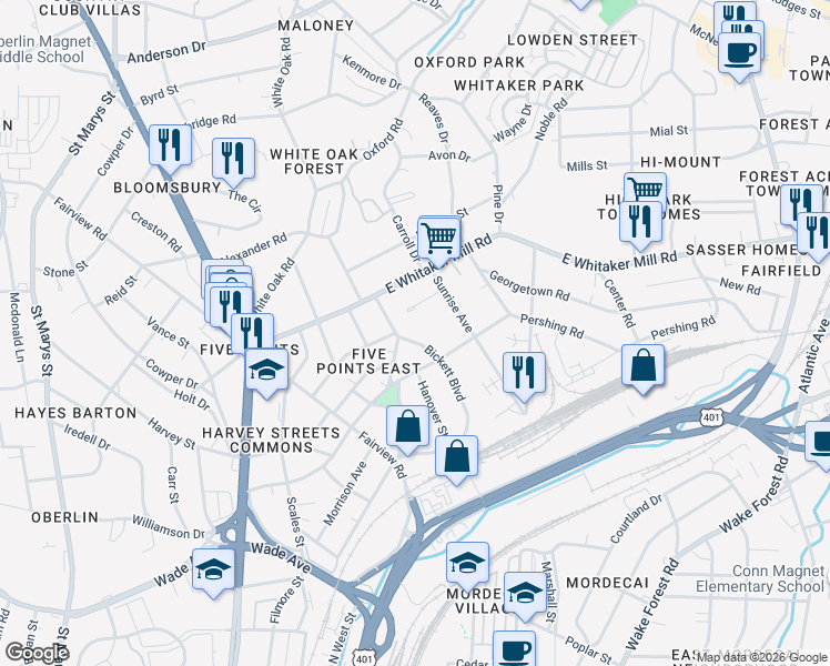 map of restaurants, bars, coffee shops, grocery stores, and more near 112 Village Mill Place in Raleigh