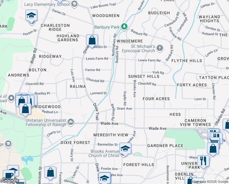 map of restaurants, bars, coffee shops, grocery stores, and more near 1340 Banbury Road in Raleigh