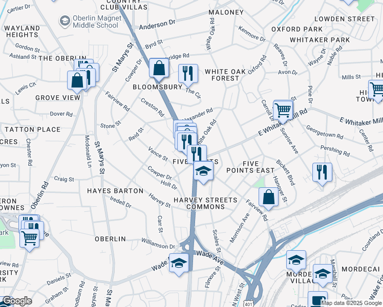 map of restaurants, bars, coffee shops, grocery stores, and more near in Raleigh