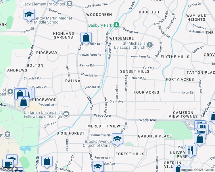 map of restaurants, bars, coffee shops, grocery stores, and more near 1340 Banbury Road in Raleigh