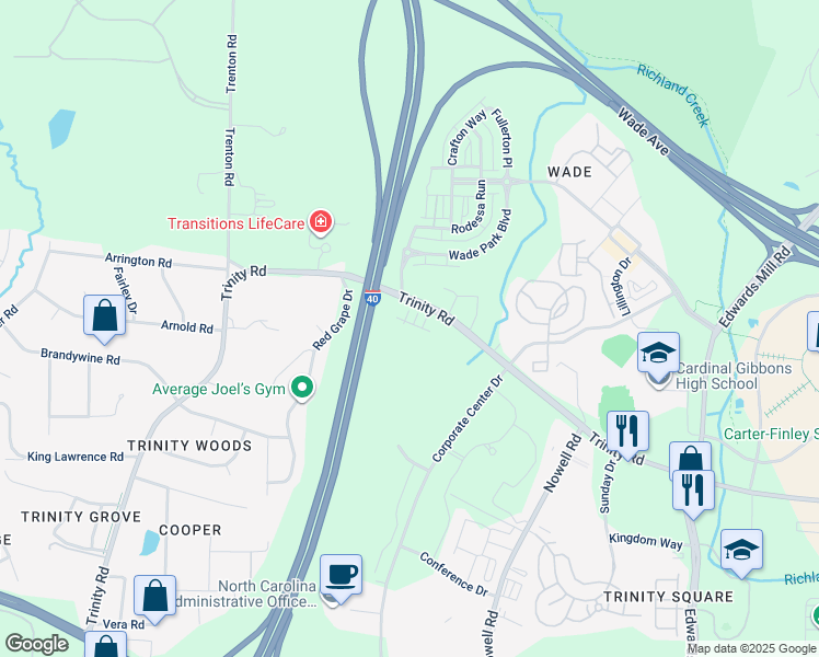 map of restaurants, bars, coffee shops, grocery stores, and more near 5739 Trinity Road in Raleigh