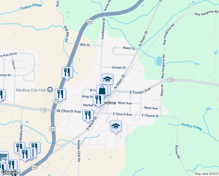 map of restaurants, bars, coffee shops, grocery stores, and more near 113 West Foster Avenue in Medina
