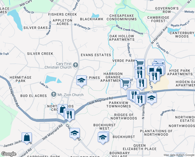 map of restaurants, bars, coffee shops, grocery stores, and more near 409 Cary Pines Drive in Cary