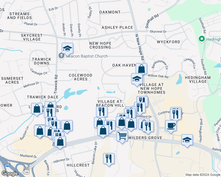 map of restaurants, bars, coffee shops, grocery stores, and more near 3816 Pin Oak Road in Raleigh