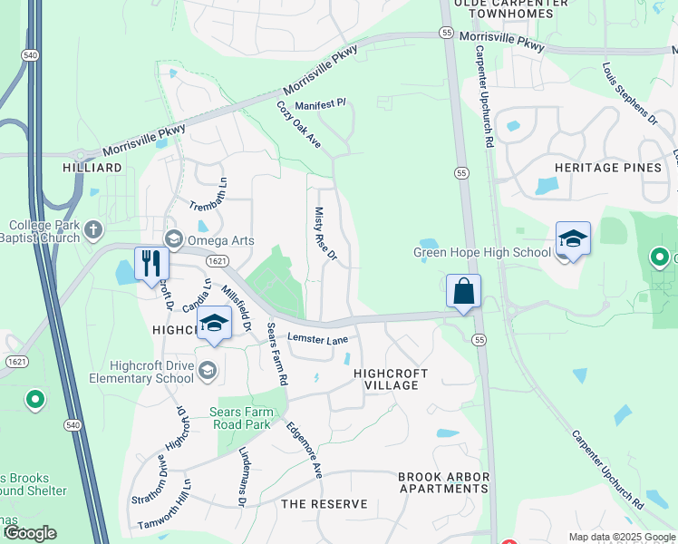 map of restaurants, bars, coffee shops, grocery stores, and more near 3105 Misty Rise Drive in Cary