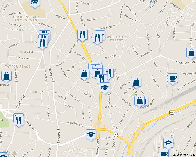 map of restaurants, bars, coffee shops, grocery stores, and more near 1801 Glenwood Avenue in Raleigh