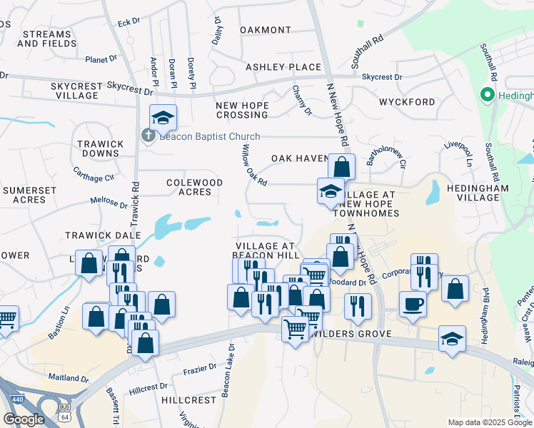 map of restaurants, bars, coffee shops, grocery stores, and more near 3816 Pin Oak Road in Raleigh