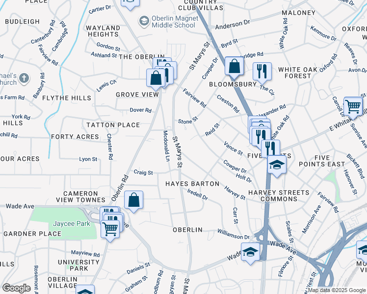 map of restaurants, bars, coffee shops, grocery stores, and more near 1900 Saint Marys Street in Raleigh