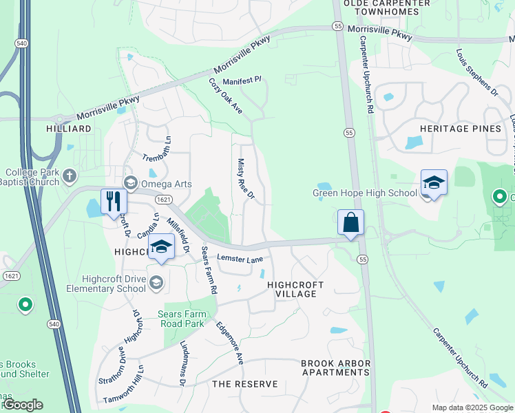 map of restaurants, bars, coffee shops, grocery stores, and more near 3105 Misty Rise Drive in Cary