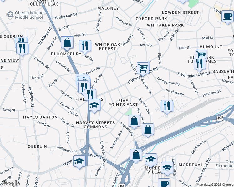 map of restaurants, bars, coffee shops, grocery stores, and more near 301 West Whitaker Mill Road in Raleigh