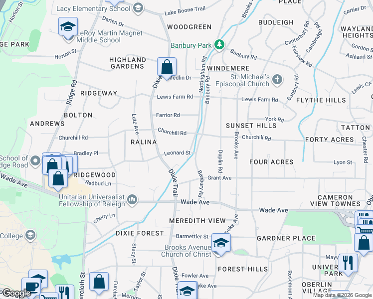 map of restaurants, bars, coffee shops, grocery stores, and more near 1309 Nottingham Road in Raleigh