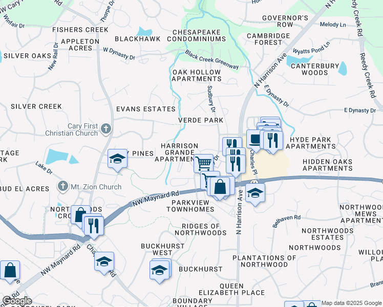 map of restaurants, bars, coffee shops, grocery stores, and more near 1700 Grande Harmony Place in Cary