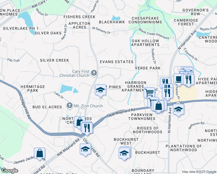 map of restaurants, bars, coffee shops, grocery stores, and more near 102 Whisper Creek Court in Cary