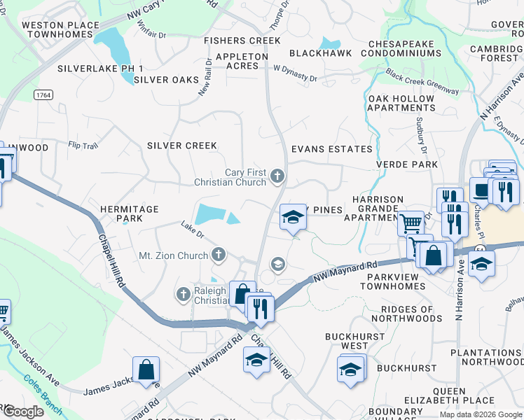 map of restaurants, bars, coffee shops, grocery stores, and more near 1025 Evans Road in Cary
