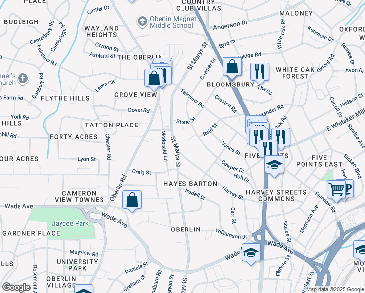 map of restaurants, bars, coffee shops, grocery stores, and more near 1900 Saint Marys Street in Raleigh
