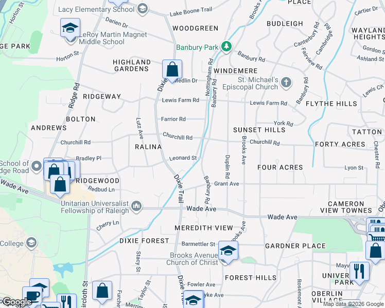 map of restaurants, bars, coffee shops, grocery stores, and more near 1309 Nottingham Road in Raleigh