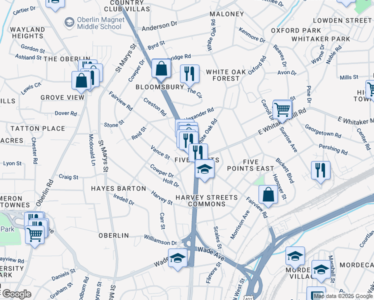 map of restaurants, bars, coffee shops, grocery stores, and more near 2010 Fairview Road in Raleigh